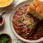 Delicious leftover meatloaf chili in a bowl, topped with cheese, ready to serve.