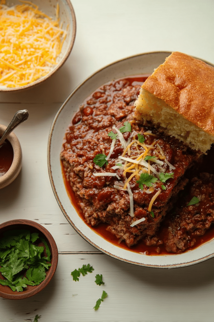 Delicious leftover meatloaf chili in a bowl, topped with cheese, ready to serve.
