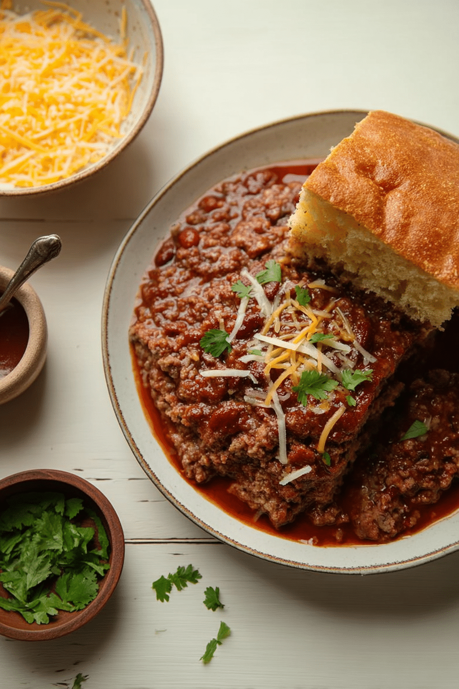 Delicious leftover meatloaf chili in a bowl, topped with cheese, ready to serve.
