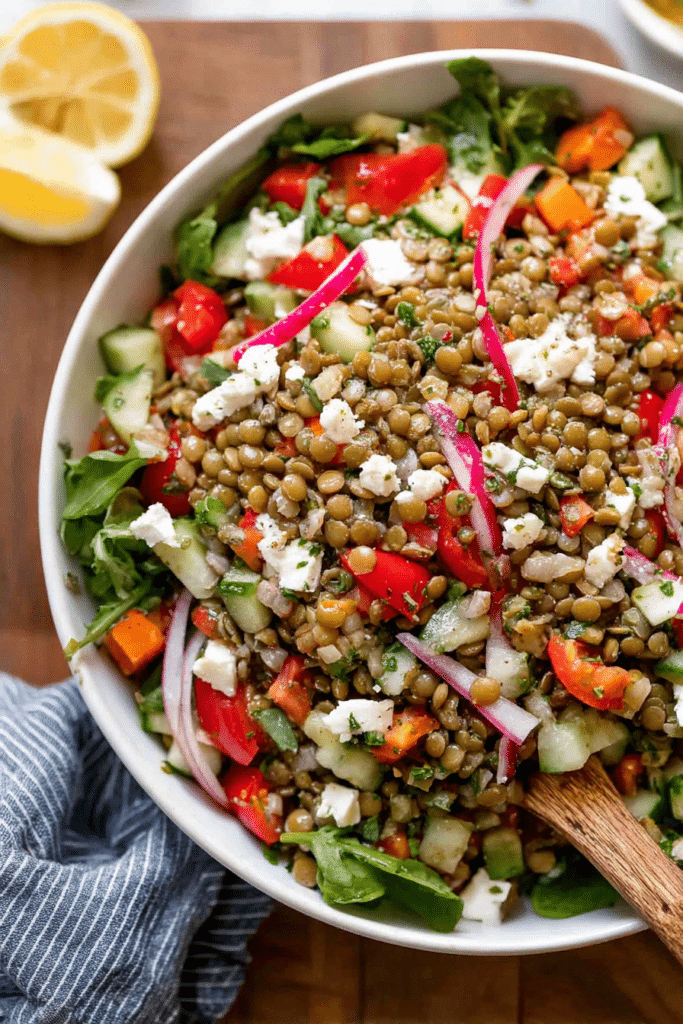 Lemon balsamic lentil salad with spinach, bell pepper, cucumber, and feta cheese served in a bowl with a lemon wedge