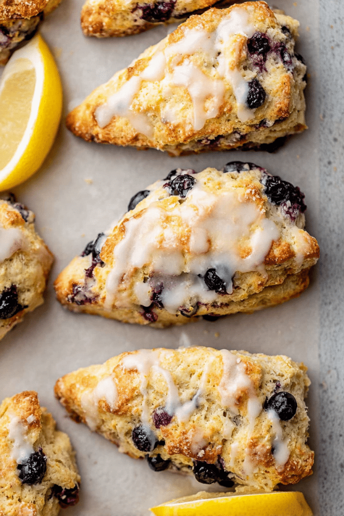 Delicious lemon blueberry scones with lemon icing on a wooden table