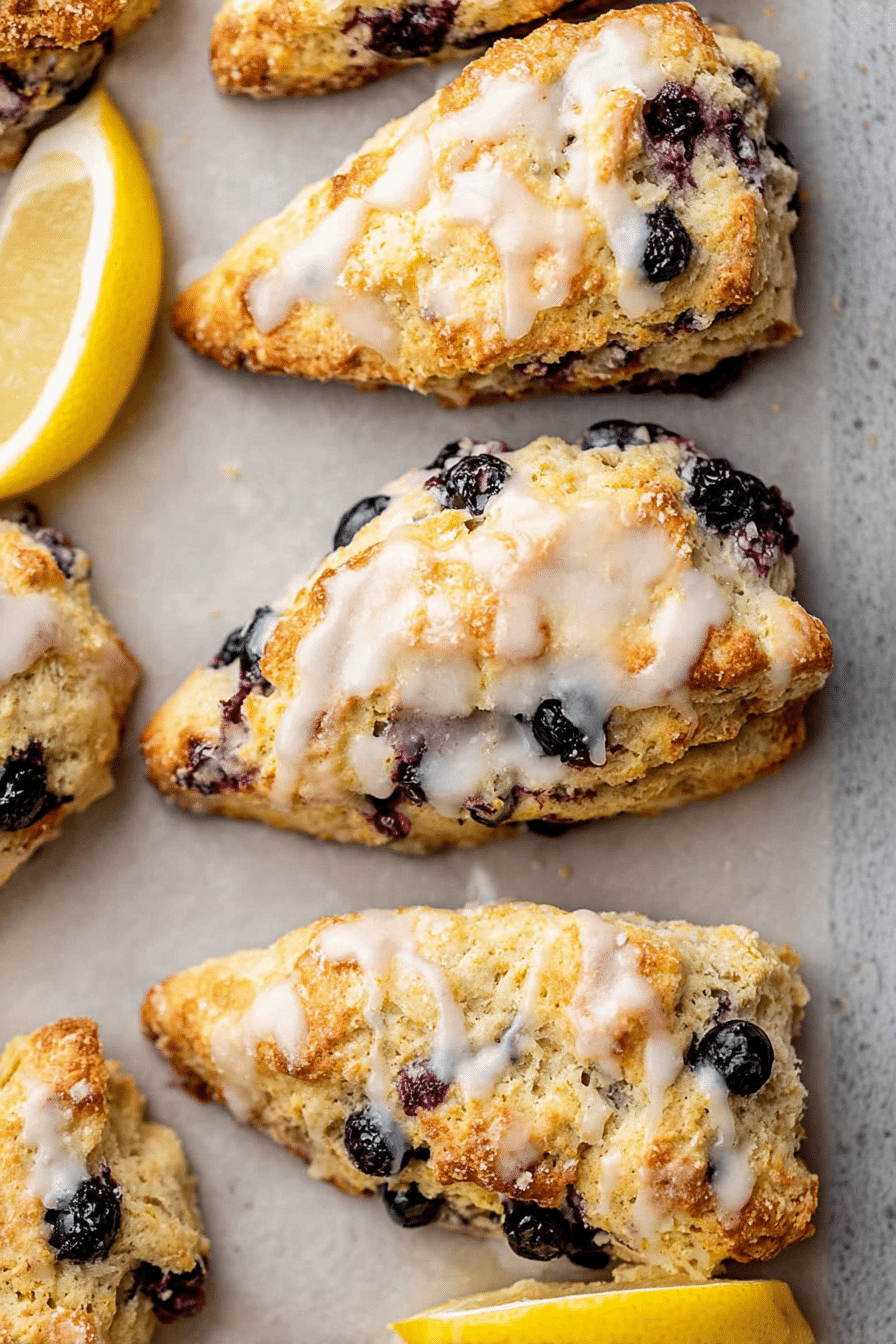 Delicious lemon blueberry scones with lemon icing on a wooden table