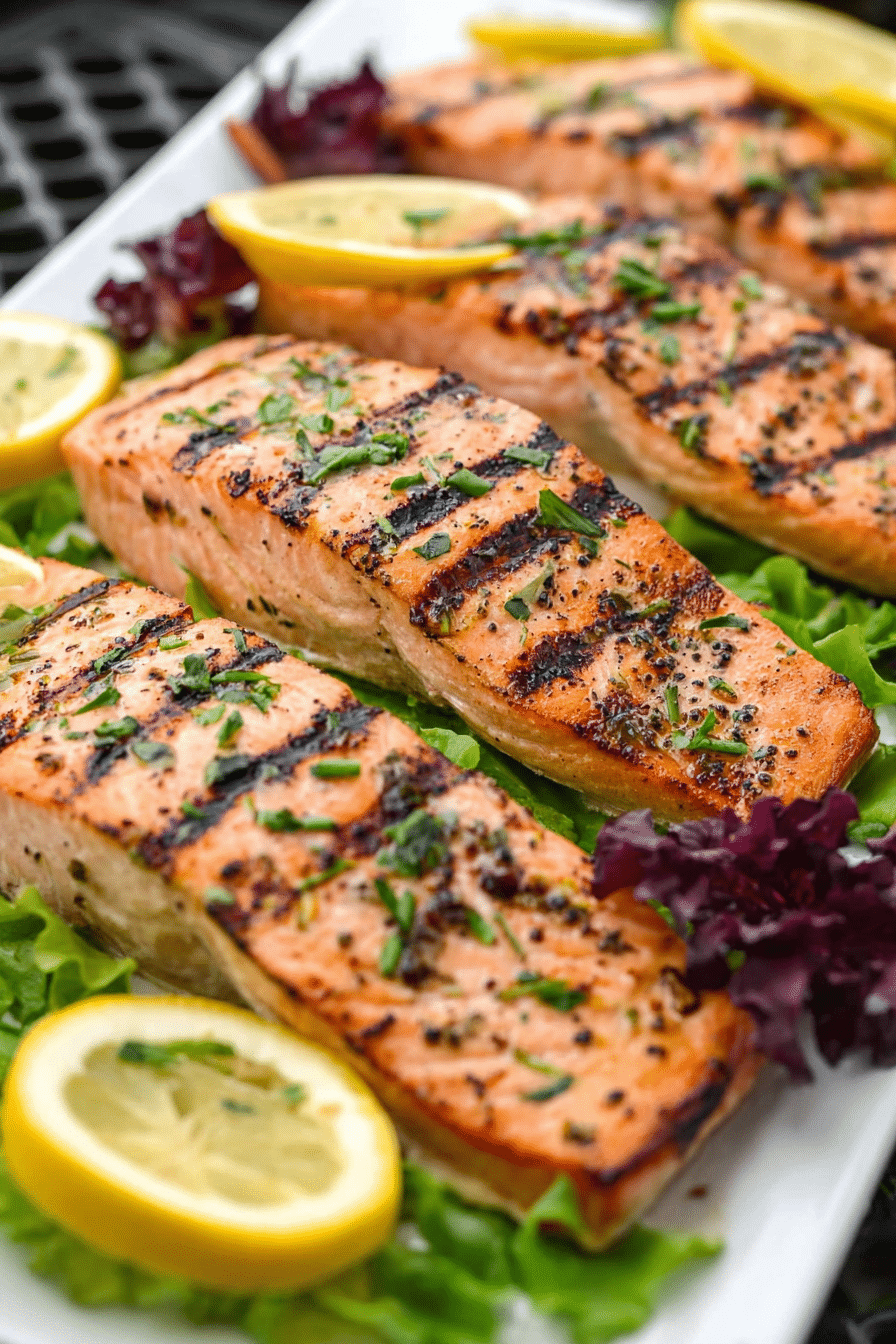 Lemon garlic herb grilled salmon garnished with parsley and lemon on a wooden table.