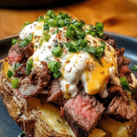 Loaded steak potato topped with creamy cheese sauce and garnished with fresh parsley and red pepper flakes.