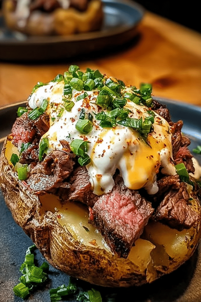 Loaded steak potato topped with creamy cheese sauce and garnished with fresh parsley and red pepper flakes.