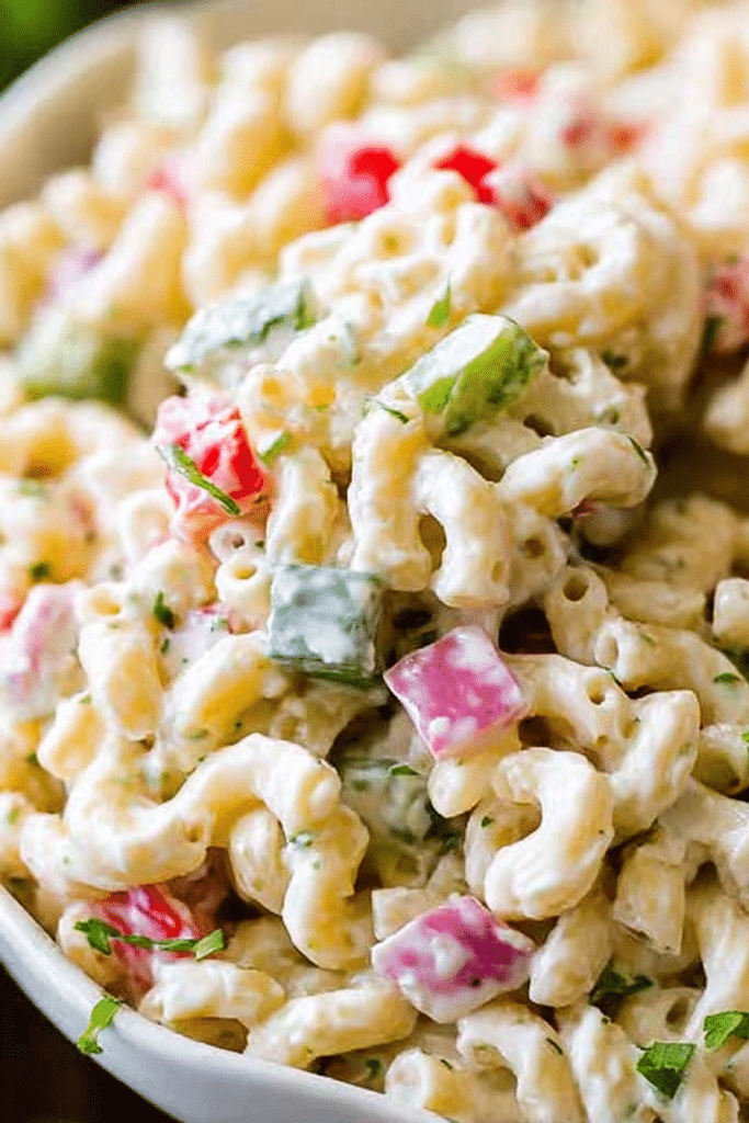 Delicious macaroni salad with vegetables and herbs served in a wooden bowl.