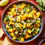 Bowl of colorful mango avocado salsa with fresh ingredients like mangoes, avocados, and jalapeños on a wooden table.