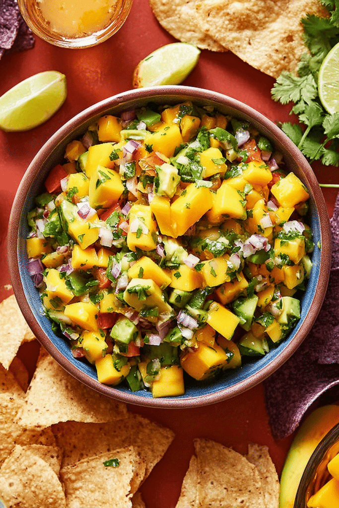 Bowl of colorful mango avocado salsa with fresh ingredients like mangoes, avocados, and jalapeños on a wooden table.