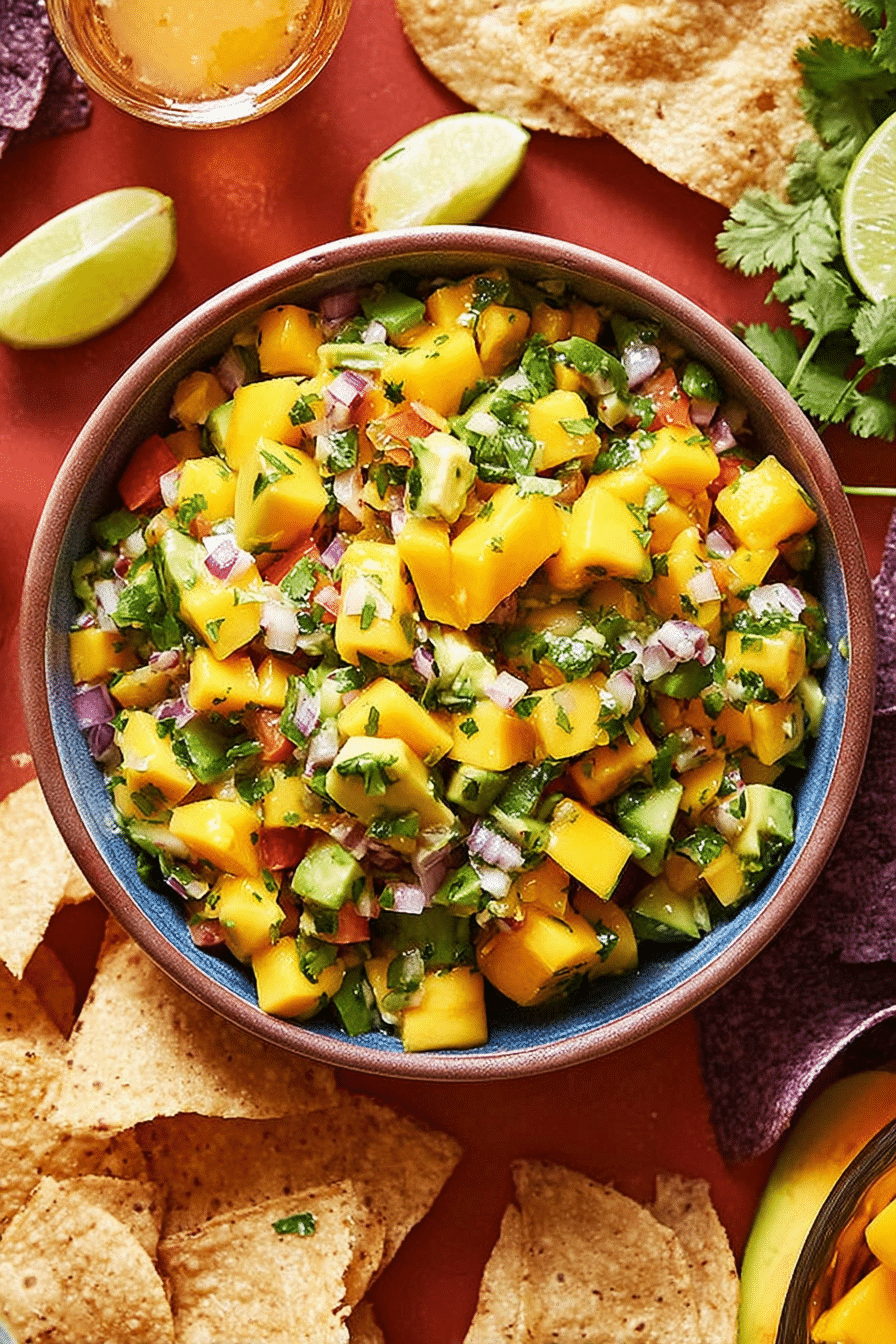 Bowl of colorful mango avocado salsa with fresh ingredients like mangoes, avocados, and jalapeños on a wooden table.