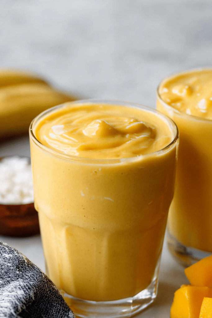 Mango coconut milk smoothie in a clear glass, garnished with mango slices and mint leaves on a wooden table.