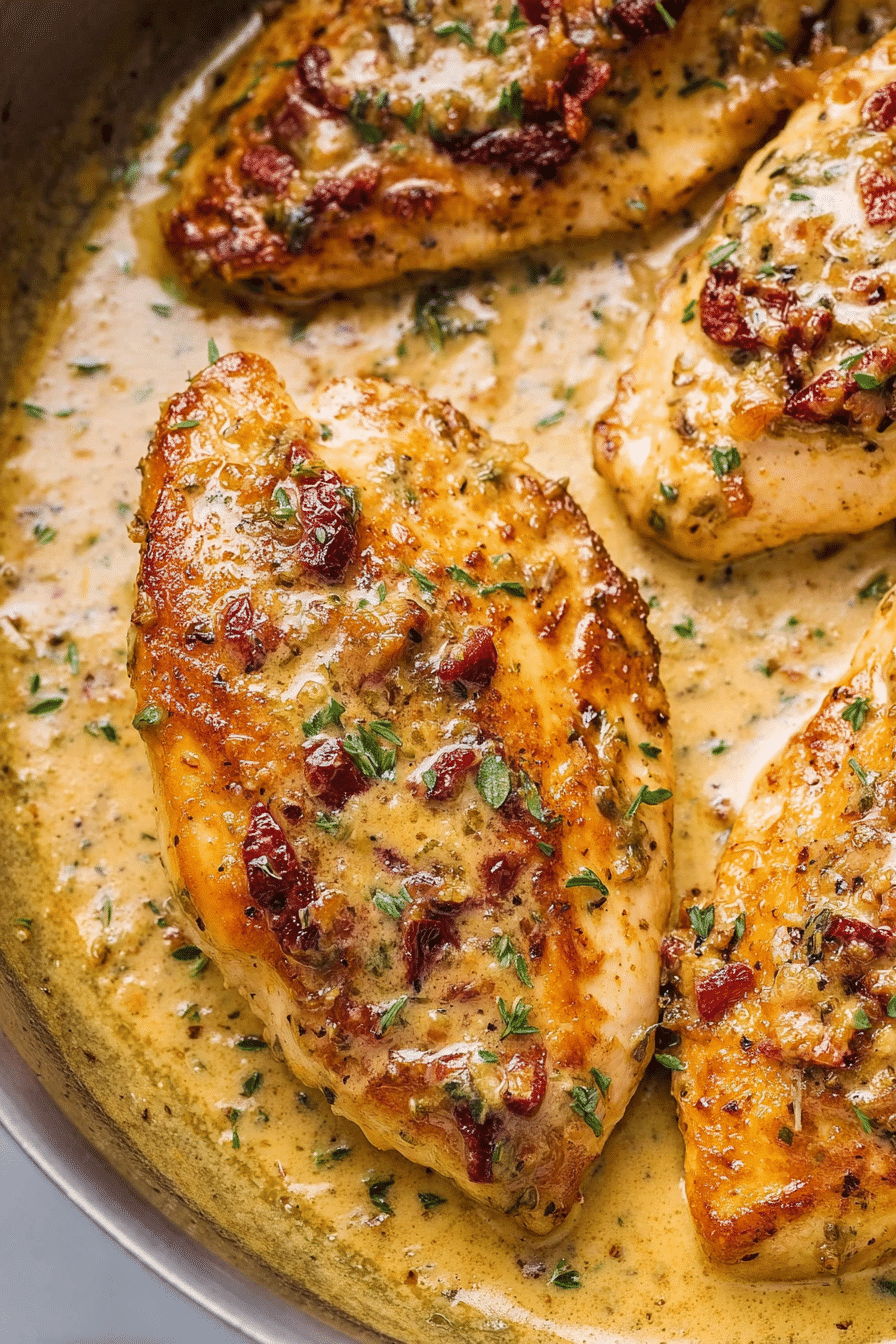 Creamy Marry Me Chicken served over pasta, garnished with fresh basil and sundried tomatoes.