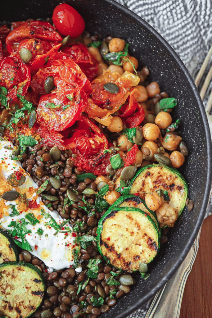 Mediterranean-style grain bowl with farro, chickpeas, lentils, zucchini, cherry tomatoes, avocado, and feta cheese on a wooden table.