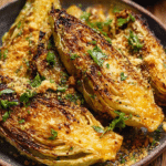 Miso butter roasted cabbage wedges topped with crispy panko crumbs and fresh parsley on a wooden table.