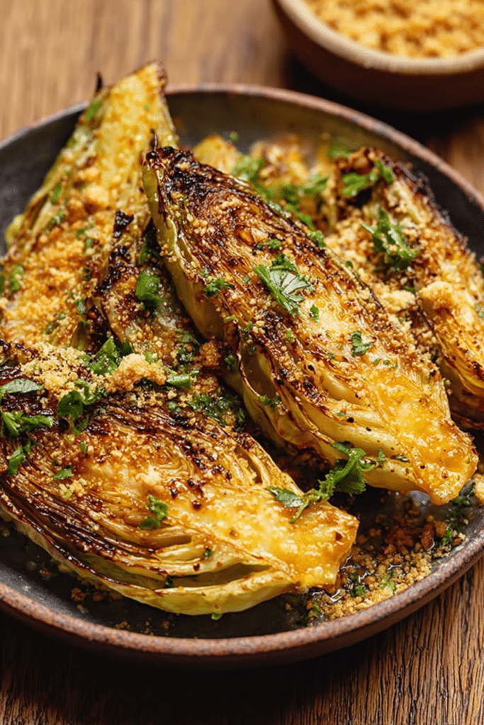 Miso butter roasted cabbage wedges topped with crispy panko crumbs and fresh parsley on a wooden table.
