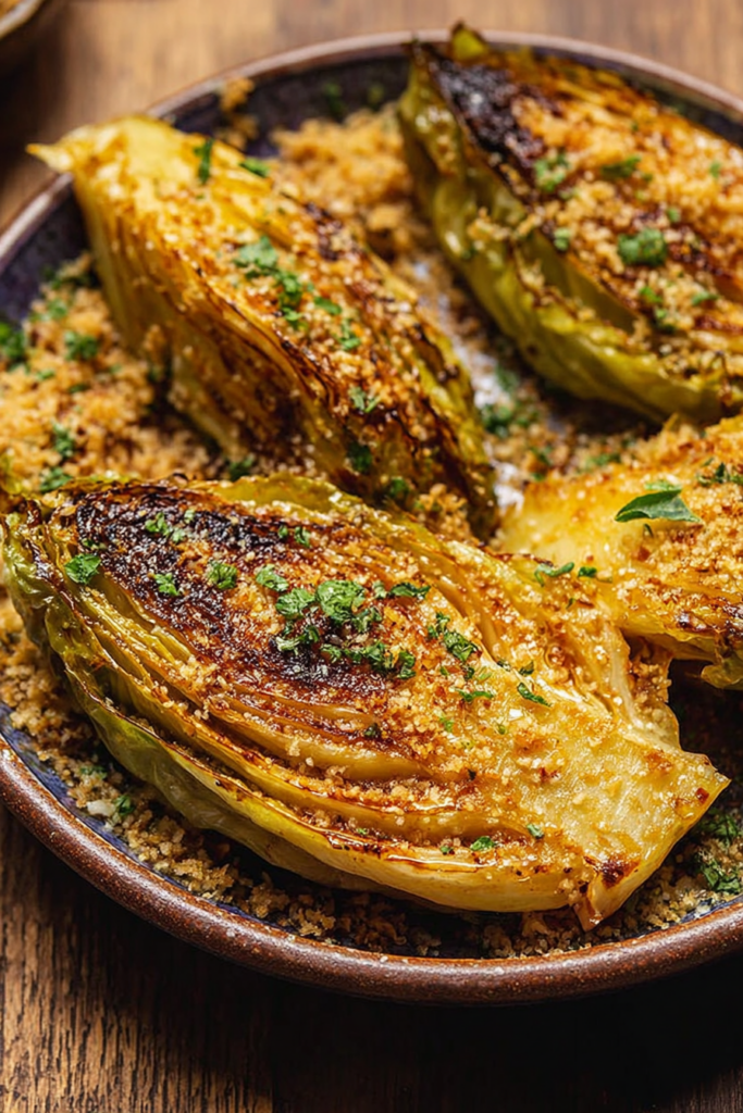 Miso butter roasted cabbage wedges showcasing a crunchy panko crumb and garnished with parsley.