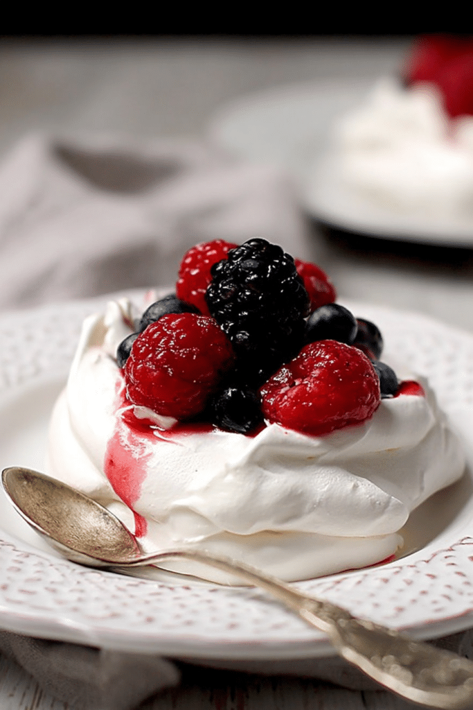 Mixed Berry Pavlova dessert topped with strawberries, raspberries, and blackberries on a wooden table.