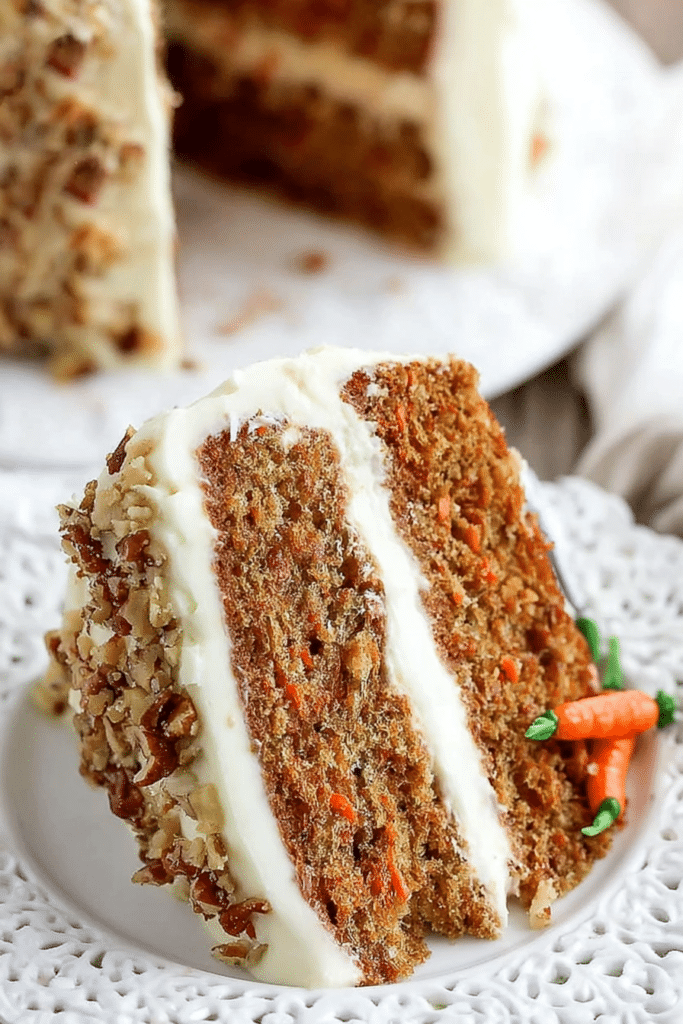 Slice of moist carrot cake with cream cheese frosting on a decorative plate, garnished with fresh carrots and walnuts.