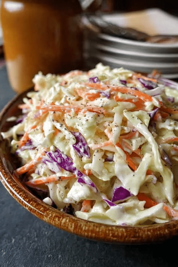 Delicious old-fashioned creamy coleslaw served in a bowl with parsley garnish