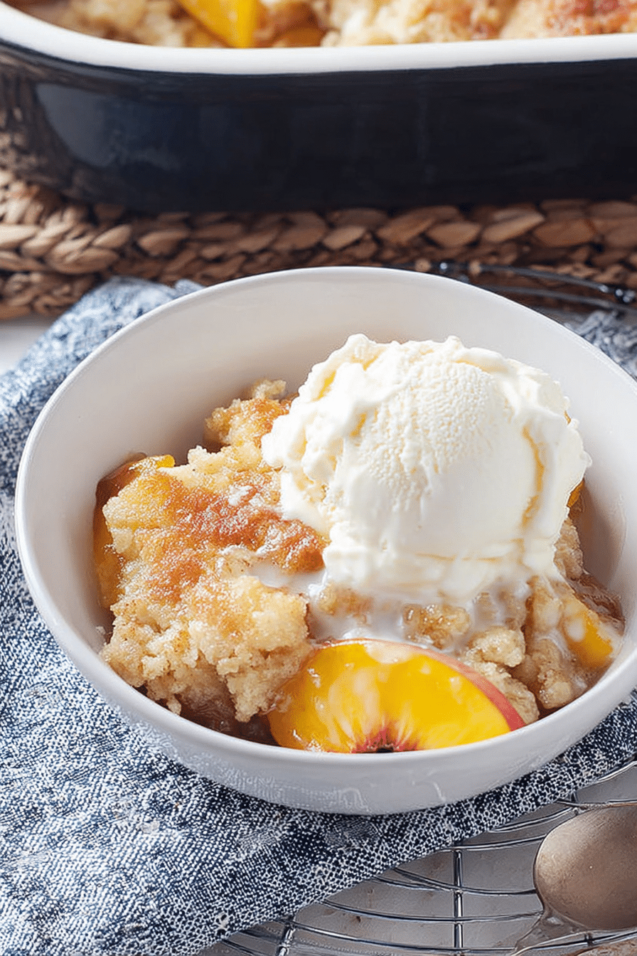Delicious old fashioned peach cobbler with a scoop of vanilla ice cream on top, showcasing fresh peaches and a golden crust.