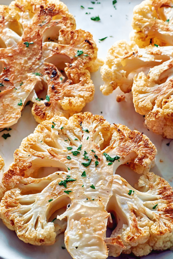 Delicious oven-baked cauliflower steak garnished with herbs on a white plate.