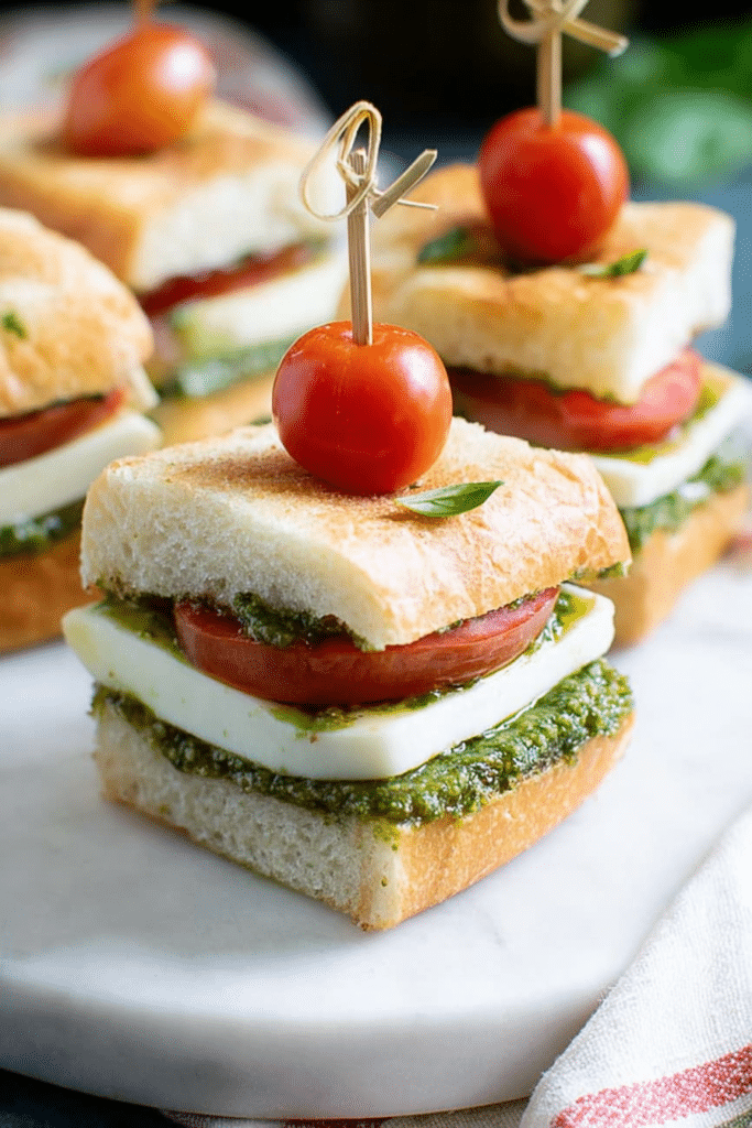 Pesto Caprese Sandwich with fresh tomatoes and mozzarella on a cutting board