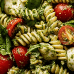 Vibrant pesto pasta salad with cherry tomatoes and basil on a rustic wooden table.