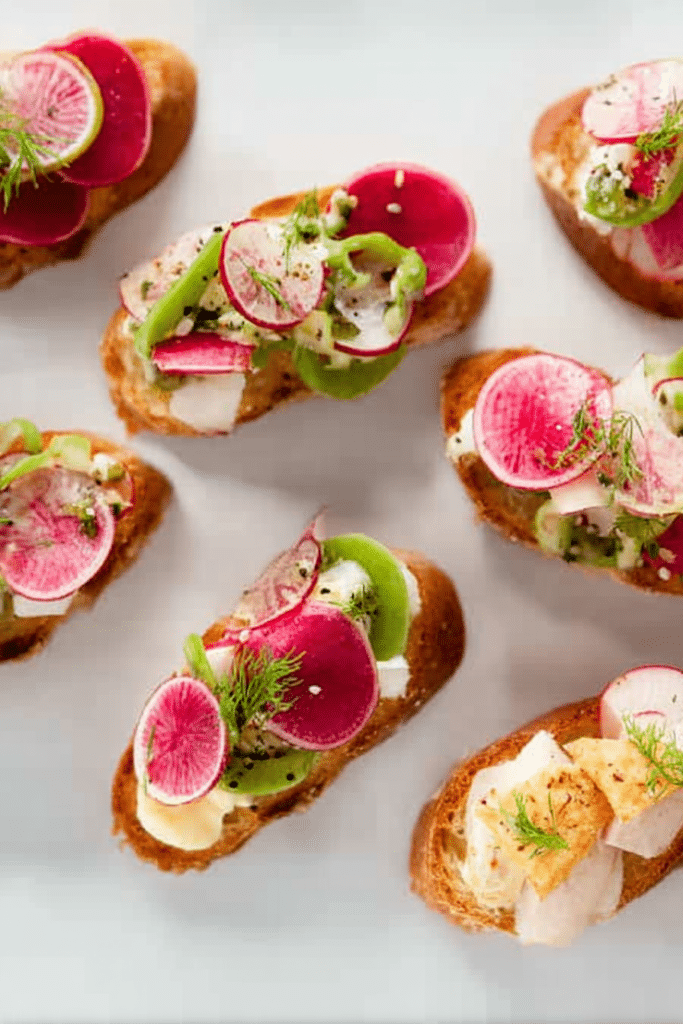 Radishes and butter crostini appetizer arranged on wooden board with chives and flake salt.
