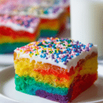 Slice of rainbow sheet cake with colorful layers and cream cheese frosting on a plate with rainbow sprinkles.