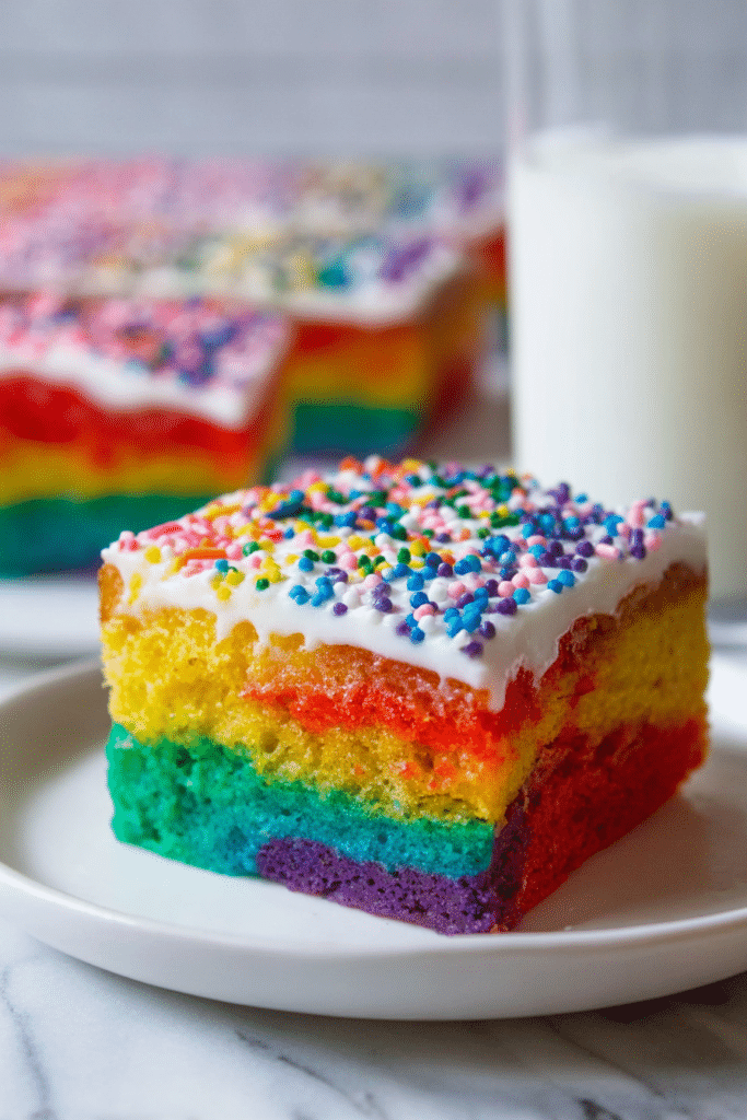 Slice of rainbow sheet cake with colorful layers and cream cheese frosting on a plate with rainbow sprinkles.