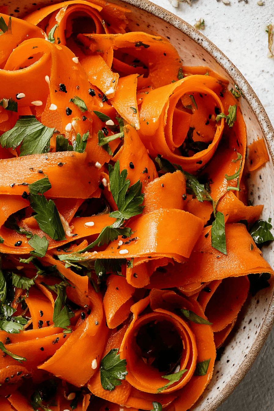 Raw carrot salad with parsley and sesame seeds in a bowl on a wooden table.