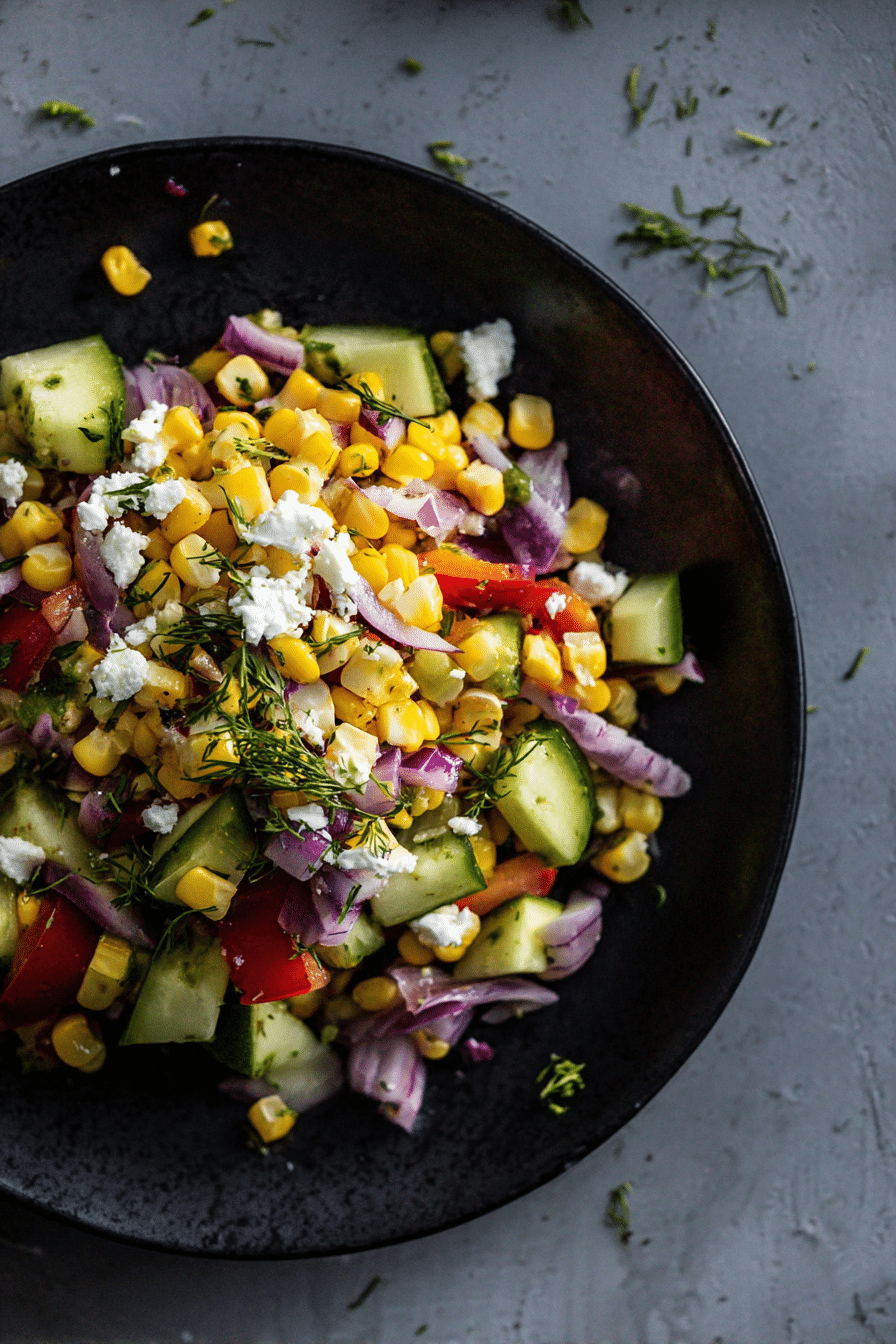 A colorful bowl of refreshing corn salad with lime dressing, featuring corn, red pepper, cucumber, and herbs.