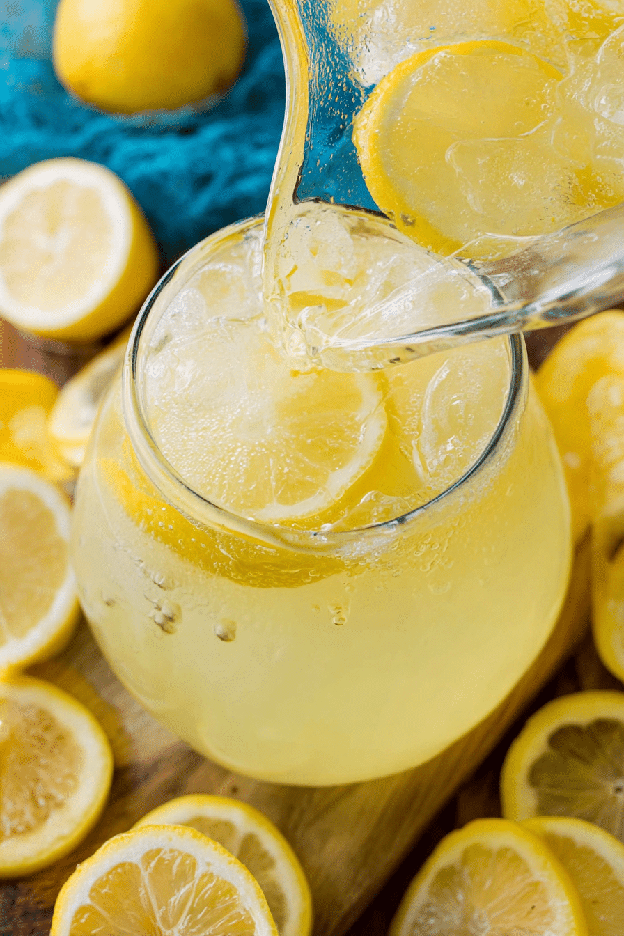 Glass of homemade lemonade garnished with lemon slice and mint on a wooden table.
