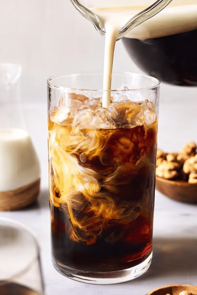 Refreshing iced coffee in a glass with straw on a wooden table, perfect for a warm day.