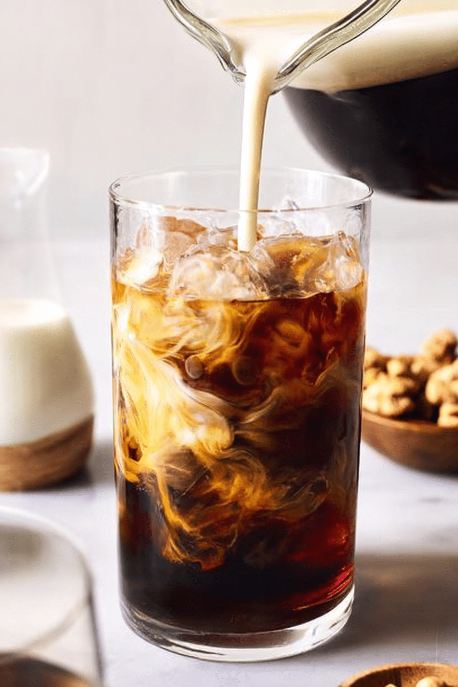 Refreshing iced coffee in a glass with straw on a wooden table, perfect for a warm day.