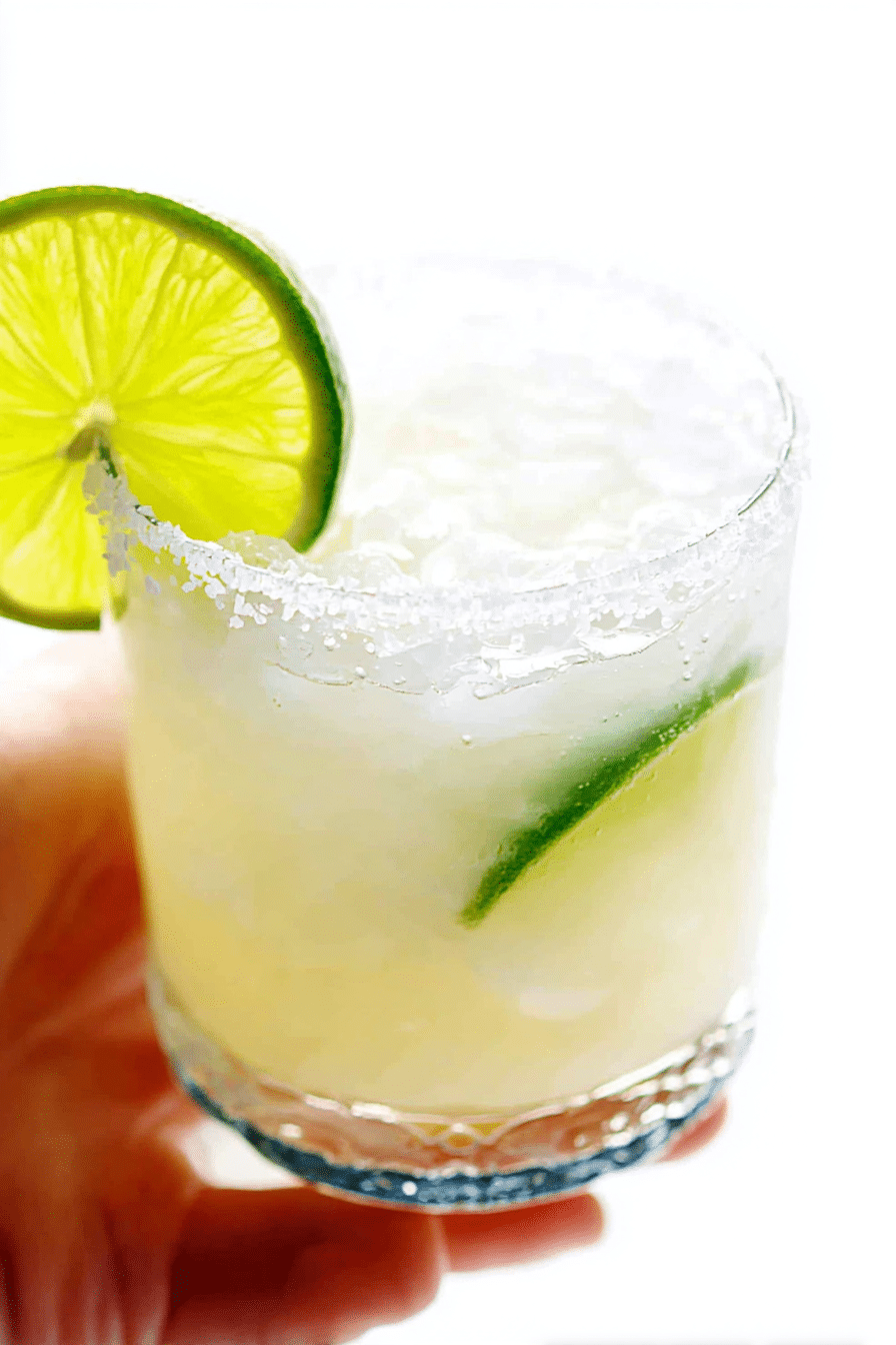 Refreshing margarita in a salt-rimmed glass with a lime wedge against a summer backdrop.