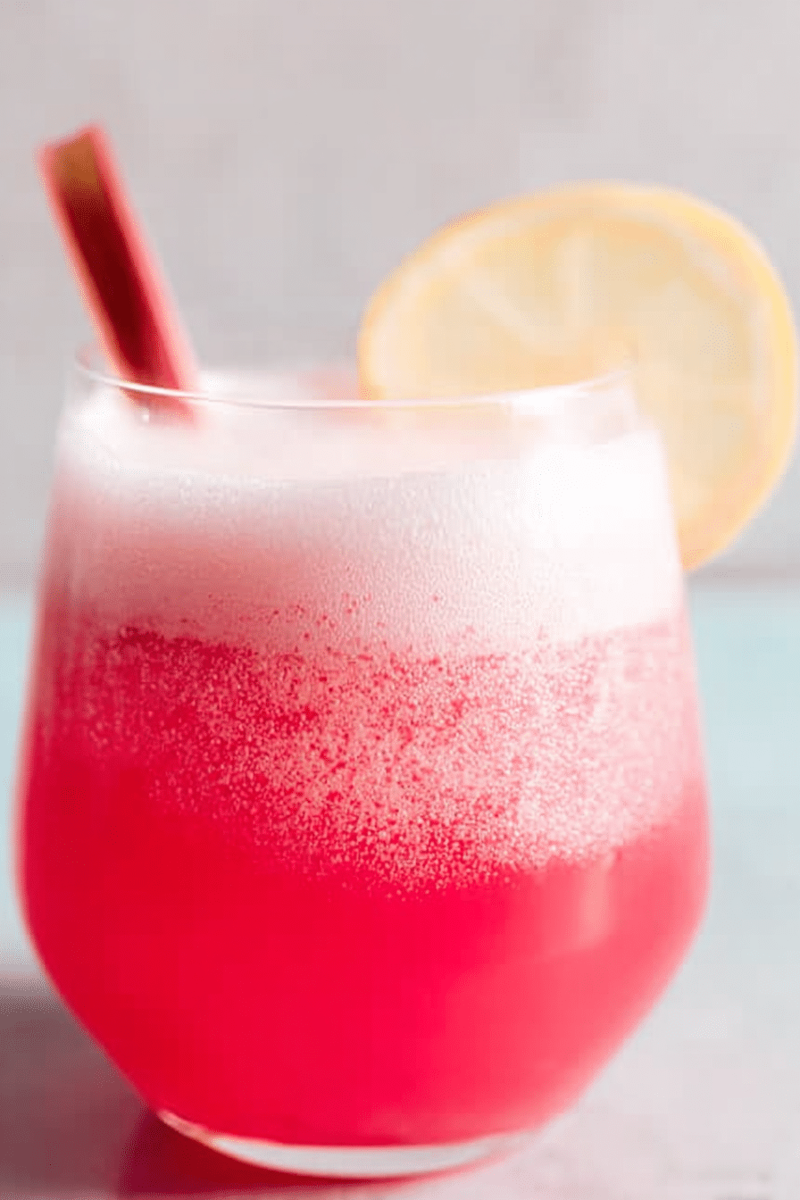 Rhubarb gin fizz cocktail with lemon twist garnish surrounded by fresh rhubarb and gin bottle