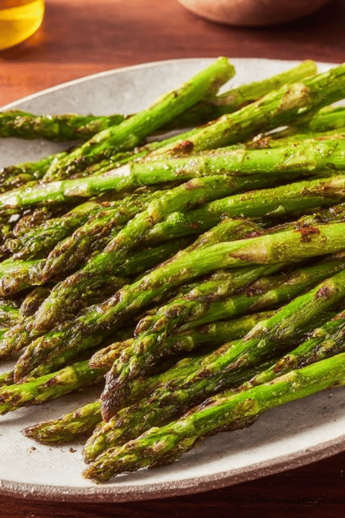 Close-up of roasted asparagus garnished with lemon zest on a wooden table.
