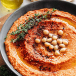 Close-up of roasted red pepper hummus in a bowl, garnished with olive oil, smoked paprika, and parsley, served with fresh vegetables and pita chips.