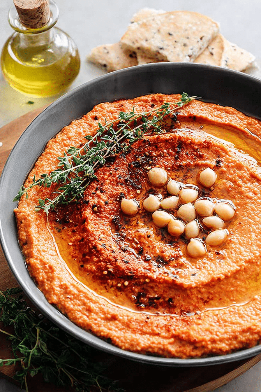 Close-up of roasted red pepper hummus in a bowl, garnished with olive oil, smoked paprika, and parsley, served with fresh vegetables and pita chips.