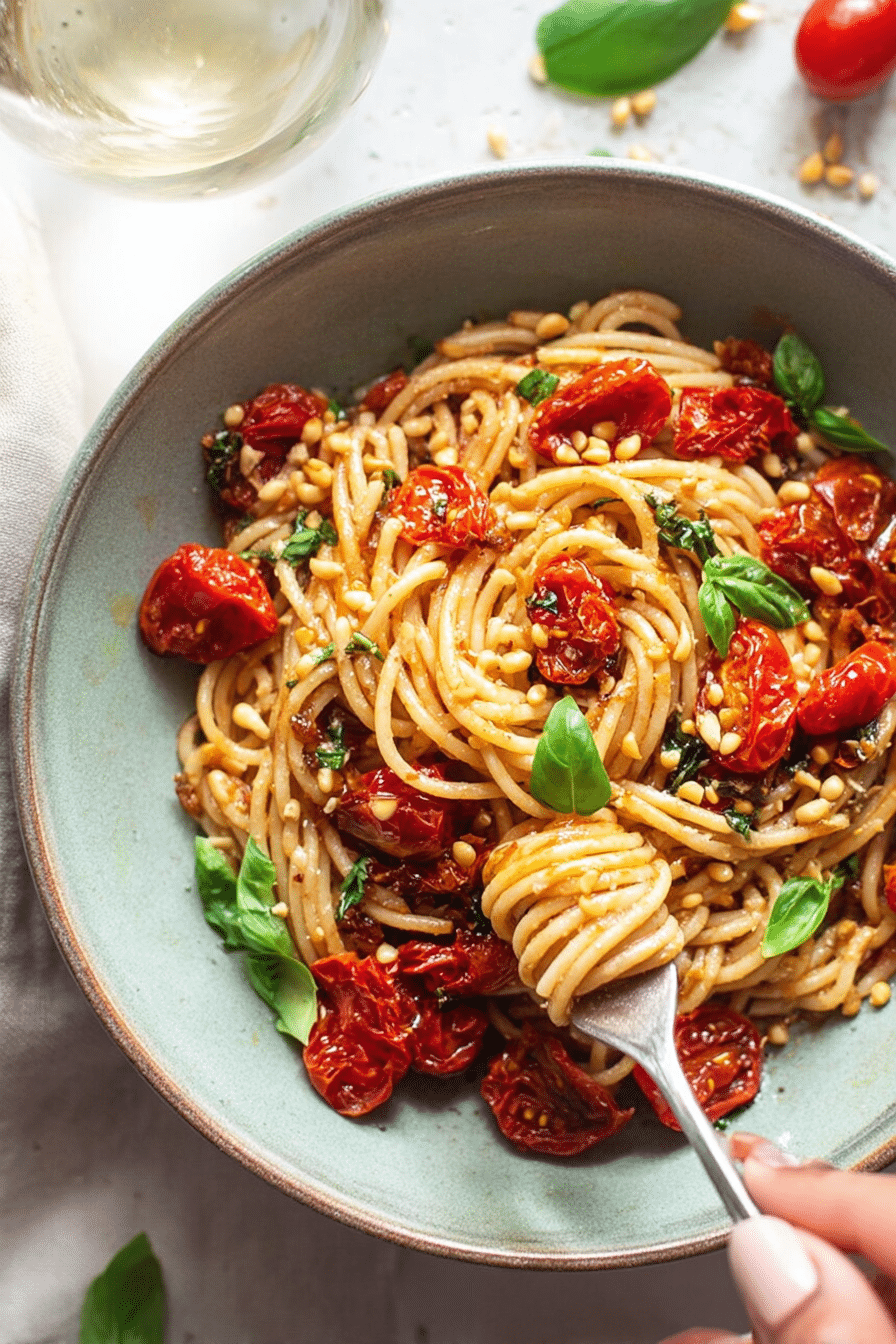 A vibrant dish of roasted tomato and basil pasta garnished with fresh basil leaves and pine nuts, ideal for a delicious vegan meal.