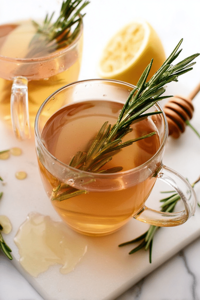A warm cup of rosemary tea beside fresh rosemary sprigs, perfect for a cozy drink experience.