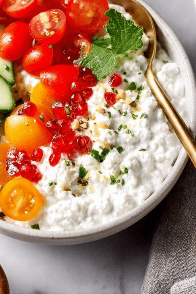 Savory cottage cheese bowl topped with cucumbers, bell peppers, tomatoes, and pistachios on a wooden table.