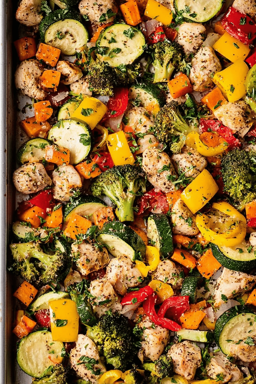Sheet pan chicken with rainbow vegetables including broccoli, sweet potatoes, zucchini, and red bell peppers, topped with Parmesan cheese.