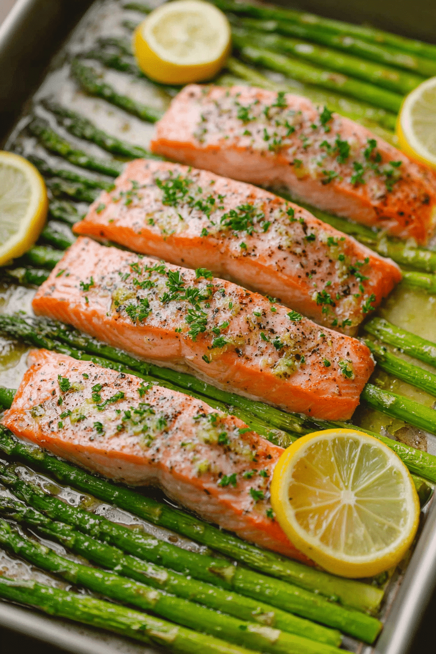 Delicious sheet pan salmon and asparagus with lemon slices and fresh herbs, perfect for an easy dinner recipe.