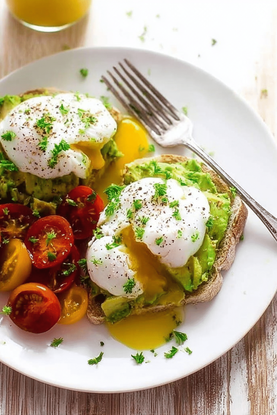 Close-up of a poached egg on avocado toast with herbs and Parmesan cheese.