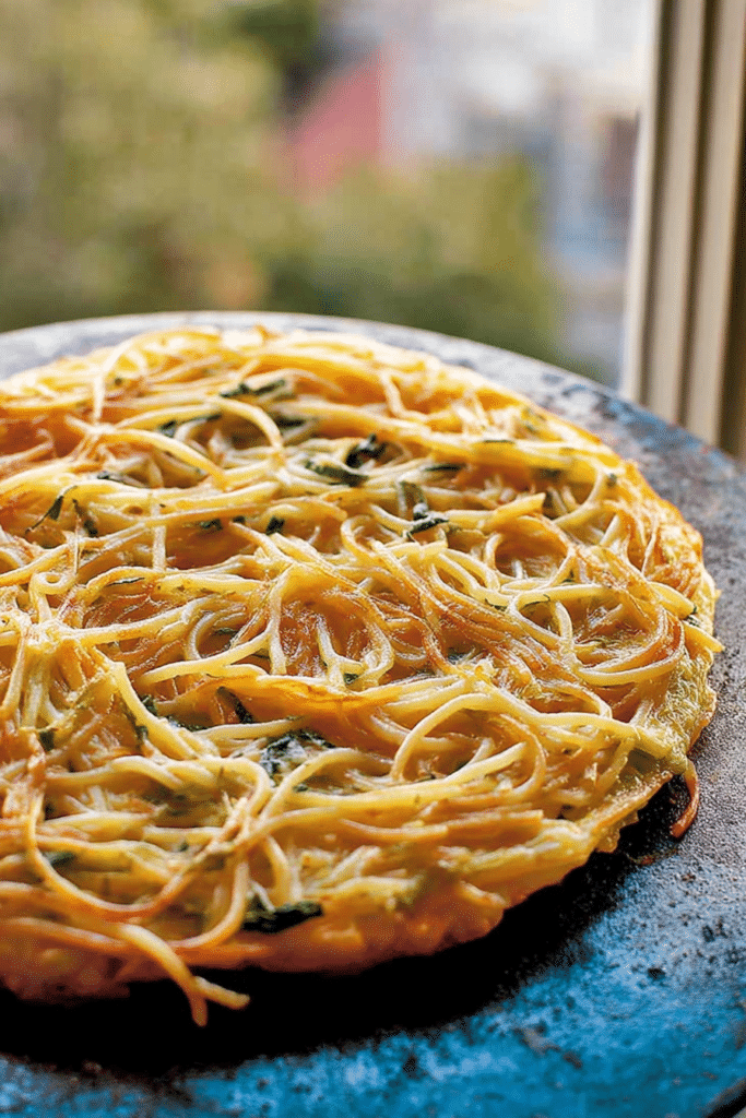 Slice of leftover pasta frittata garnished with herbs on a wooden table.