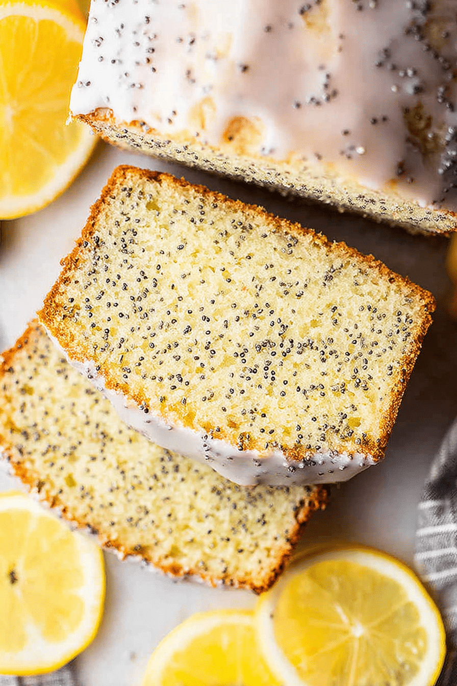 Sliced lemon poppy seed loaf on a wooden table with fresh lemons and poppy seeds in the background.