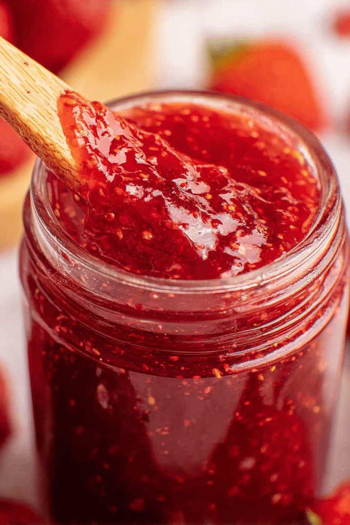 Jar of small batch strawberry jam surrounded by fresh strawberries and a wooden spoon in a rustic kitchen setting.
