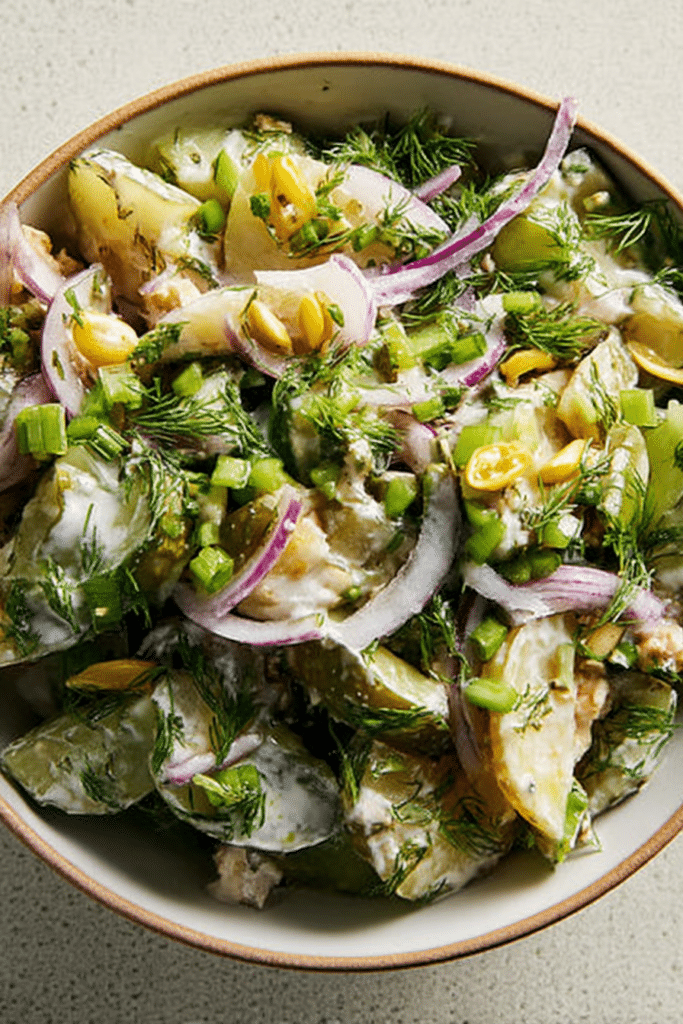 A close-up of smashed pickle salad in a rustic bowl, featuring chunks of pickles, celery, and red onions, garnished with dill.