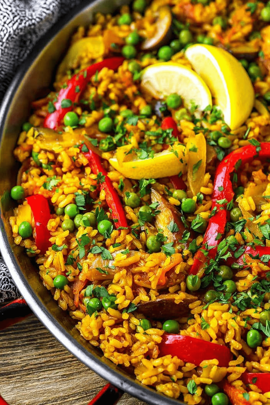 A delicious Spanish vegan paella showcasing vibrant vegetables and a golden crust, garnished with parsley and lemon wedges.